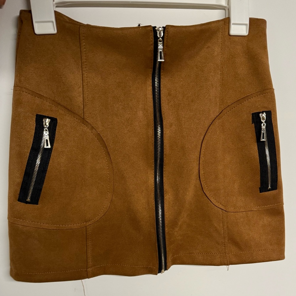 Brown Suede Mini Skirt with Zipper Detail